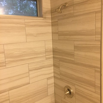 Bathroom - Gray 12" x 24" Tile Brick Pattern Tub Surround / Santa Cecilia Vanity
