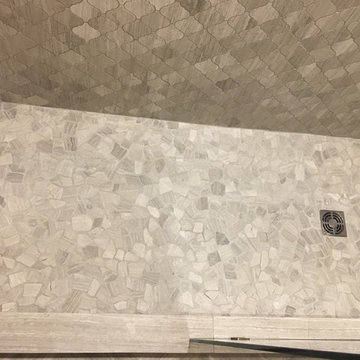BATHROOM - Gray Limestone Tile - Arabesque Mosaic, 4x12 Herring Bone 8x12 Plank