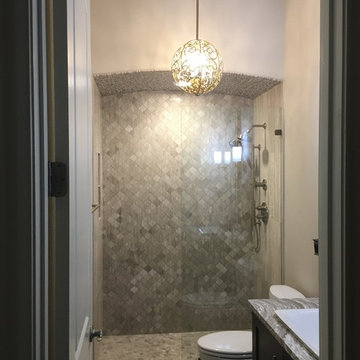 BATHROOM - Gray Limestone Tile - Arabesque Mosaic, 4x12 Herring Bone 8x12 Plank