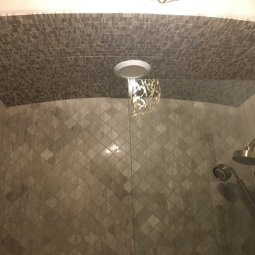 BATHROOM - Gray Limestone Tile - Arabesque Mosaic, 4x12 Herring Bone 8x12 Plank