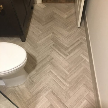 BATHROOM - Gray Limestone Tile - Arabesque Mosaic, 4x12 Herring Bone 8x12 Plank