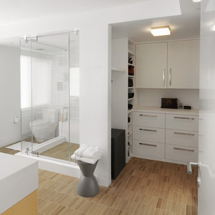 Example of a minimalist wood-look tile bathroom design in Boston