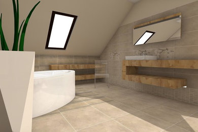 Contemporary family bathroom in Other with a freestanding bath and porcelain flooring.