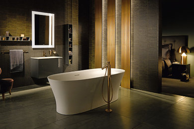 Inspiration for a large modern family bathroom in Other with a freestanding bath and grey tiles.