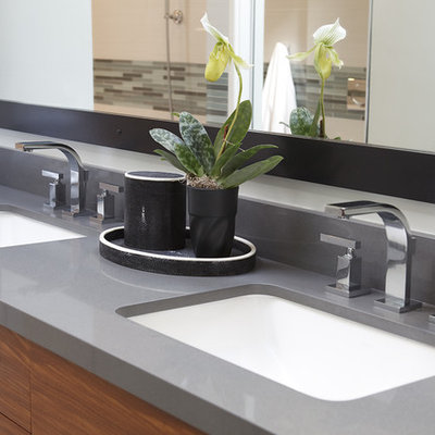 Bathroom - contemporary bathroom idea in Dallas with an undermount sink, flat-panel cabinets and medium tone wood cabinets