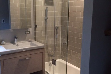 Example of a large trendy master gray tile gray floor bathroom design in Chicago with flat-panel cabinets, brown cabinets and gray walls