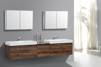 Diseño de cuarto de baño principal minimalista de tamaño medio con armarios con paneles lisos, puertas de armario de madera oscura, paredes grises, suelo de linóleo, lavabo sobreencimera, encimera de madera y suelo blanco