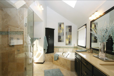Large master green tile and glass tile porcelain tile bathroom photo in Omaha with an undermount sink, flat-panel cabinets, dark wood cabinets, quartz countertops, a two-piece toilet and green walls