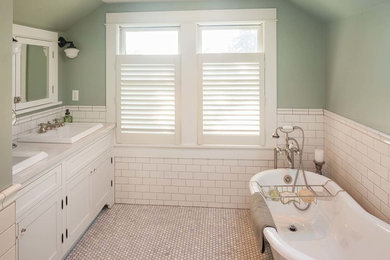 Example of a mid-sized transitional kids' white tile and subway tile marble floor bathroom design in Other with a drop-in sink, recessed-panel cabinets, white cabinets, marble countertops and green walls
