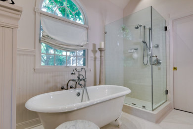 Example of a mid-sized classic master white tile and porcelain tile porcelain tile bathroom design in Chicago with a pedestal sink and white walls
