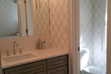 Transitional bathroom photo in Chicago with flat-panel cabinets, gray cabinets, a two-piece toilet and marble countertops