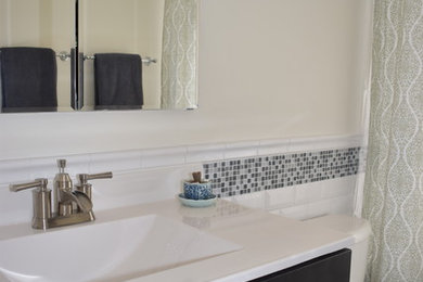 Small trendy kids' white tile and subway tile gray floor bathroom photo in Other with white walls
