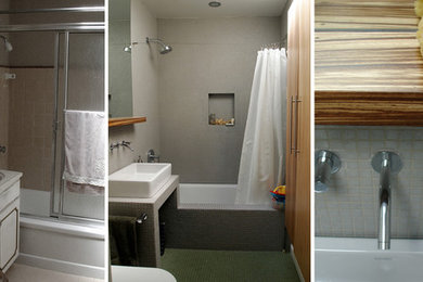 Example of a small trendy gray tile and mosaic tile mosaic tile floor drop-in bathtub design in San Francisco with a console sink, medium tone wood cabinets and a two-piece toilet