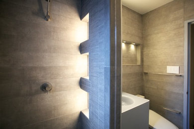 Imagen de cuarto de baño contemporáneo pequeño con bidé, baldosas y/o azulejos grises, baldosas y/o azulejos de porcelana, paredes grises, suelo de baldosas de porcelana y lavabo integrado
