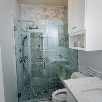 Small white bathroom remodeling with Frameless Shower in Pasadena