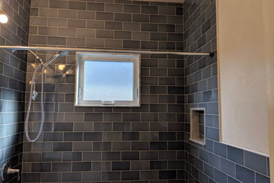 Inspiration for a mid-sized timeless 3/4 gray tile and porcelain tile bathroom remodel in Boston with blue walls
