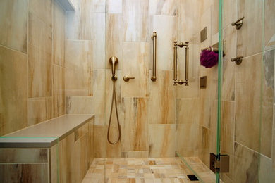 Example of a large trendy master gray tile and porcelain tile porcelain tile alcove shower design in DC Metro with quartzite countertops and a one-piece toilet