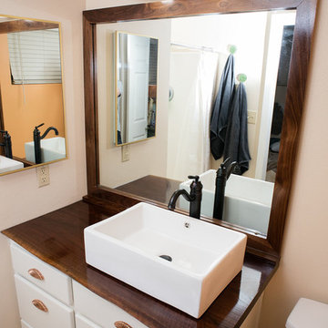 Bathroom Remodel, Walnut Live Edge Countertops, Vanity Paint, Hardware, Lighting