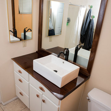 Bathroom Remodel, Walnut Live Edge Countertops, Vanity Paint, Hardware, Lighting