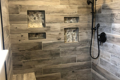 Design ideas for a medium sized modern shower room bathroom in Other with freestanding cabinets, brown cabinets, a walk-in shower, a one-piece toilet, beige walls, ceramic flooring, a submerged sink, engineered stone worktops, beige floors, an open shower and white worktops.