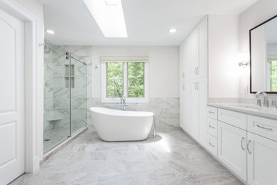 Inspiration for a modern master white tile and ceramic tile bathroom remodel in DC Metro with white walls