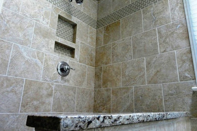 Bathroom - large 3/4 beige tile and ceramic tile bathroom idea in Raleigh with granite countertops and beige walls