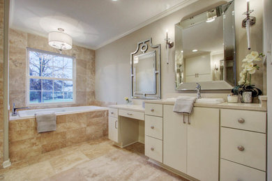 Inspiration for a large transitional master beige tile and ceramic tile ceramic tile bathroom remodel in Kansas City with flat-panel cabinets, beige cabinets, a one-piece toilet, gray walls, a drop-in sink and quartzite countertops