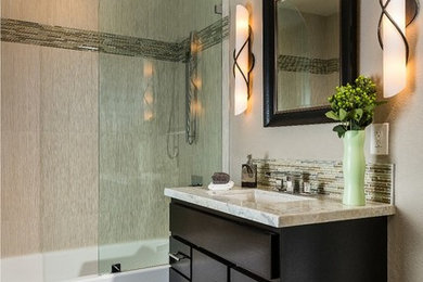 Bathroom - contemporary porcelain tile porcelain tile bathroom idea in San Francisco with an undermount sink, flat-panel cabinets, dark wood cabinets, quartzite countertops, a two-piece toilet and gray walls