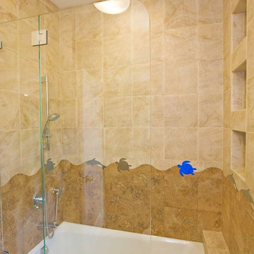 bathroom shower over tub, swinging frameless door, niche