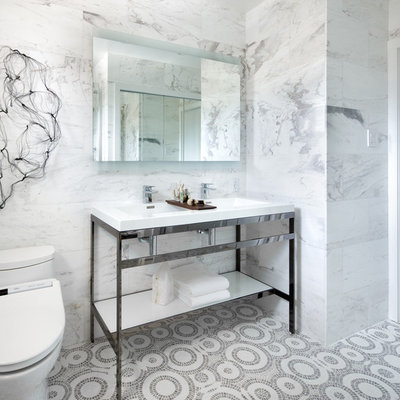 Example of a trendy white tile and stone slab mosaic tile floor bathroom design in Toronto with a console sink