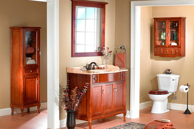 Inspiration för stora retro badrum, med ett integrerad handfat, öppna hyllor, skåp i mörkt trä, en toalettstol med hel cisternkåpa, brun kakel, beige väggar och mellanmörkt trägolv