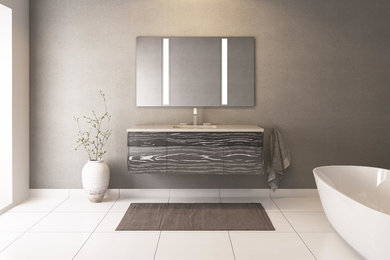 Imagen de cuarto de baño moderno con armarios con paneles lisos, puertas de armario de madera en tonos medios, bañera exenta y suelo de baldosas de porcelana