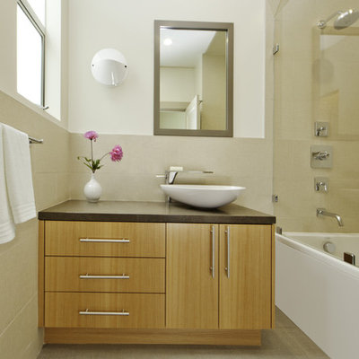 Inspiration for a contemporary bathroom remodel in San Francisco with a vessel sink