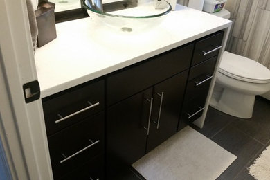 Example of a small minimalist bathroom design in Boston with flat-panel cabinets and quartzite countertops