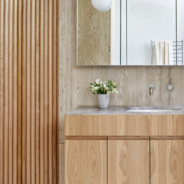 Bathroom vanity with curved wall