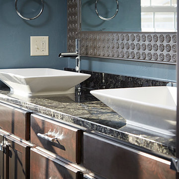 Bathroom vanity with double sinks and asian-inspired faucets & sinks