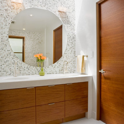 Bathroom - contemporary mosaic tile bathroom idea in San Francisco with an undermount sink, flat-panel cabinets and medium tone wood cabinets