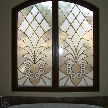 Bathroom Windows - "Arabesque Bevels" Leaded Beveled Glass Designs Privacy Glass
