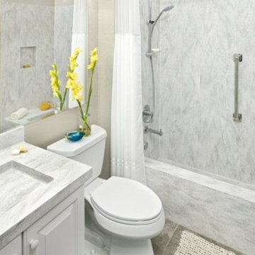 Bathroom with Corian® Rain Cloud shower & countertop.
