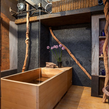 Bathroom with Japanese wooden soaking tub