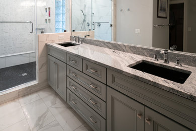 Bathroom - mid-sized master bathroom idea in Raleigh with granite countertops