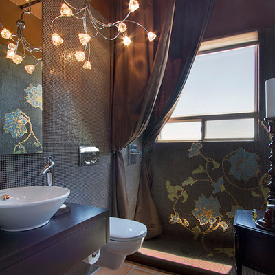 Bathroom - contemporary mosaic tile and blue tile terra-cotta tile bathroom idea in Phoenix with a vessel sink and a wall-mount toilet