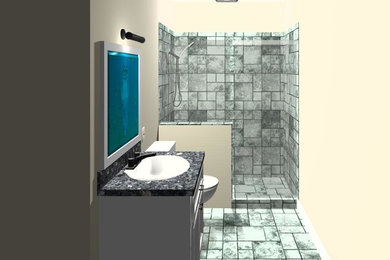 Doorless shower - mid-sized transitional 3/4 multicolored tile and stone tile doorless shower idea in Atlanta with white cabinets, a one-piece toilet, beige walls and an undermount sink