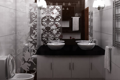 Inspiration for a contemporary white tile black floor bathroom remodel in New York with flat-panel cabinets, white cabinets, a two-piece toilet, white walls, a vessel sink, granite countertops and black countertops