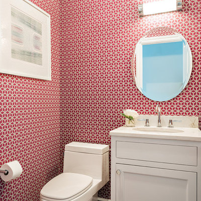 Bathroom - small transitional medium tone wood floor bathroom idea in New York with an undermount sink, shaker cabinets, white cabinets, a two-piece toilet and red walls