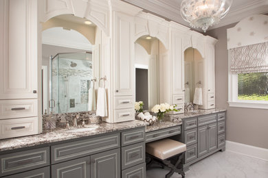 Inspiration for a timeless master white floor bathroom remodel in Other with gray cabinets, gray walls, an undermount sink and raised-panel cabinets