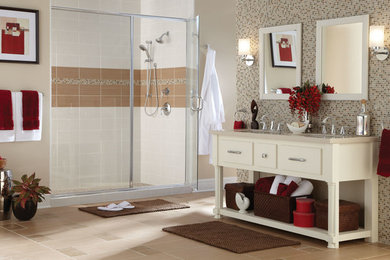 Design ideas for a large traditional shower room bathroom in Other with flat-panel cabinets, beige cabinets, an alcove shower, beige tiles, brown tiles, mosaic tiles, brown walls, porcelain flooring, a submerged sink, solid surface worktops, beige floors and a sliding door.