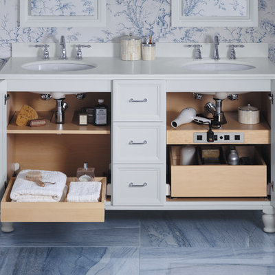Elegant master blue tile and stone tile marble floor bathroom photo in Milwaukee with an undermount sink, white cabinets, multicolored walls and recessed-panel cabinets