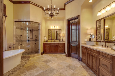 Huge elegant master bathroom photo in Denver with granite countertops