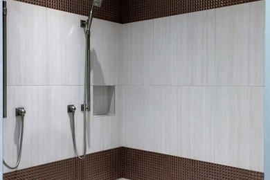 Foto de cuarto de baño principal clásico renovado grande con ducha doble, baldosas y/o azulejos beige y baldosas y/o azulejos de porcelana
